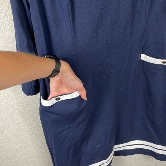 Talbots Navy Blue White Trim Career Office Dress Mod Retro 3/4 Sleeve Sz 12 - Picture 3 of 10